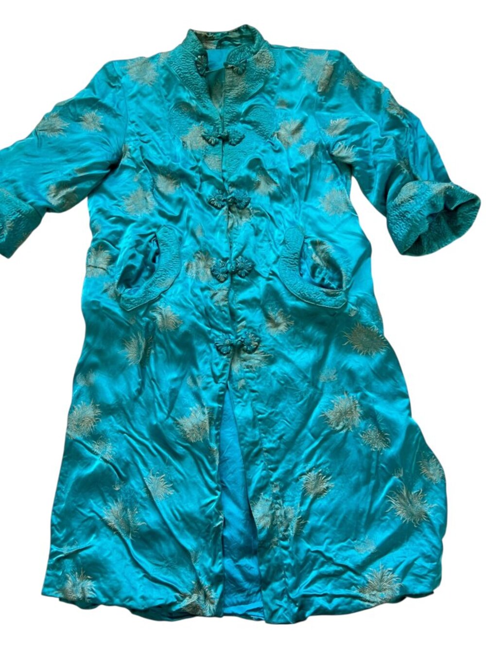 Traditional Chinese smoking jacket blue silky chrysanthemum floral design Small